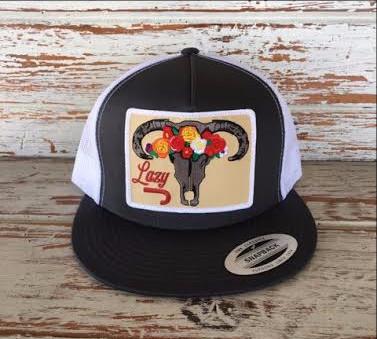 Lazy J Grey and White Skull and Flowers Patch Cap (4") - Southern Girls Boutique