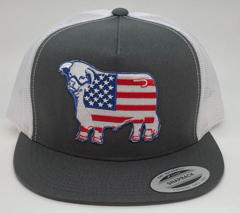 Lazy J Grey and White American Flag Hereford Patch Cap Mesh Trucker - Southern Girls Boutique