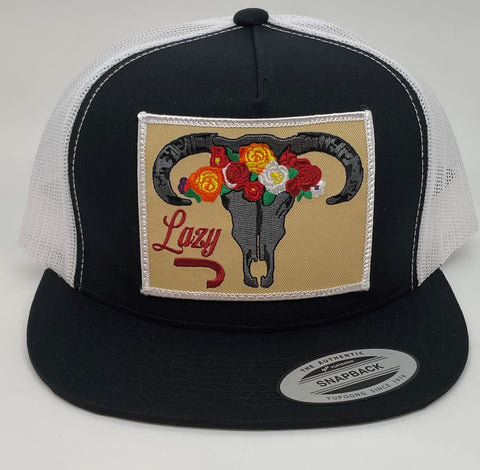 Lazy J Black and White Skull and Flower Patch Cap (4") - Southern Girls Boutique