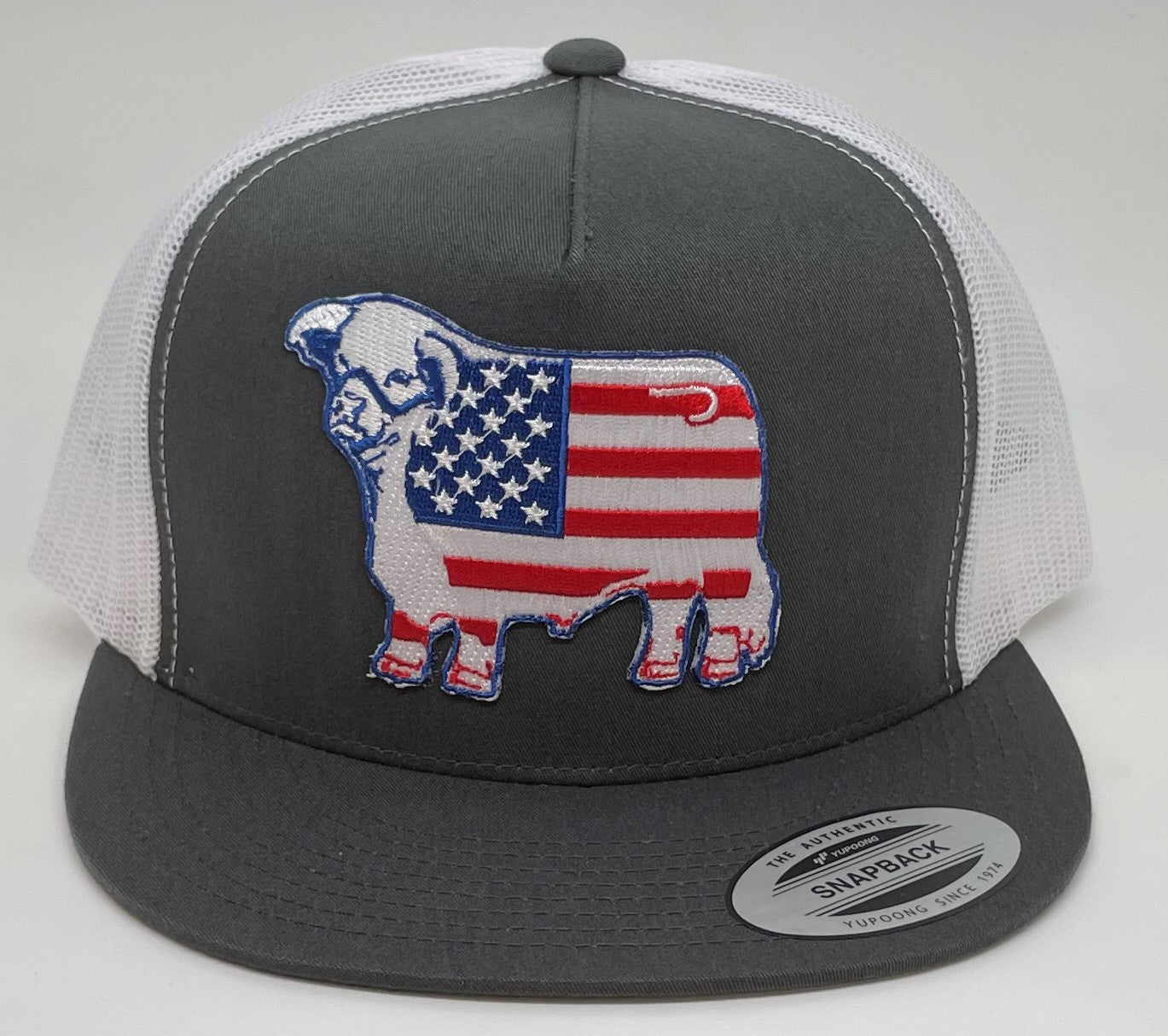 Lazy J Grey and American Hereford White Trucker Boutique Girls Patch Cap Southern Mesh | Flag